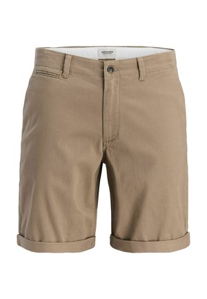 Beige herre shorts med omslag, frontknapp og glidelås, beltesløyfer og skrå sidelommer.