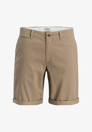 Beige Herren Shorts mit umgeschlagenen Säumen, vorderer Knopf- und Reißverschlussöffnung, Gürtelschlaufen und schrägen Seitentaschen.