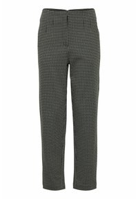 Pantalons à motif pied de poule noir et blanc avec une coupe droite, présentant une texture lisse et une taille sans fermetures visibles.