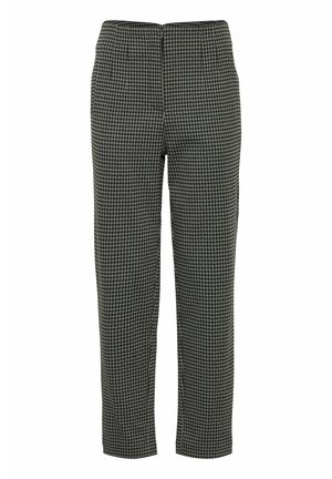 Black and white houndstooth patterned trousers with a straight leg design, featuring a smooth texture and a waistband without visible fasteners.