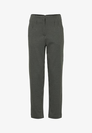 Mustvalge hunduhammasmustriga püksid otsejalaga, millel on sile tekstuur ja nähtamatute kinnitustega vöökoht.