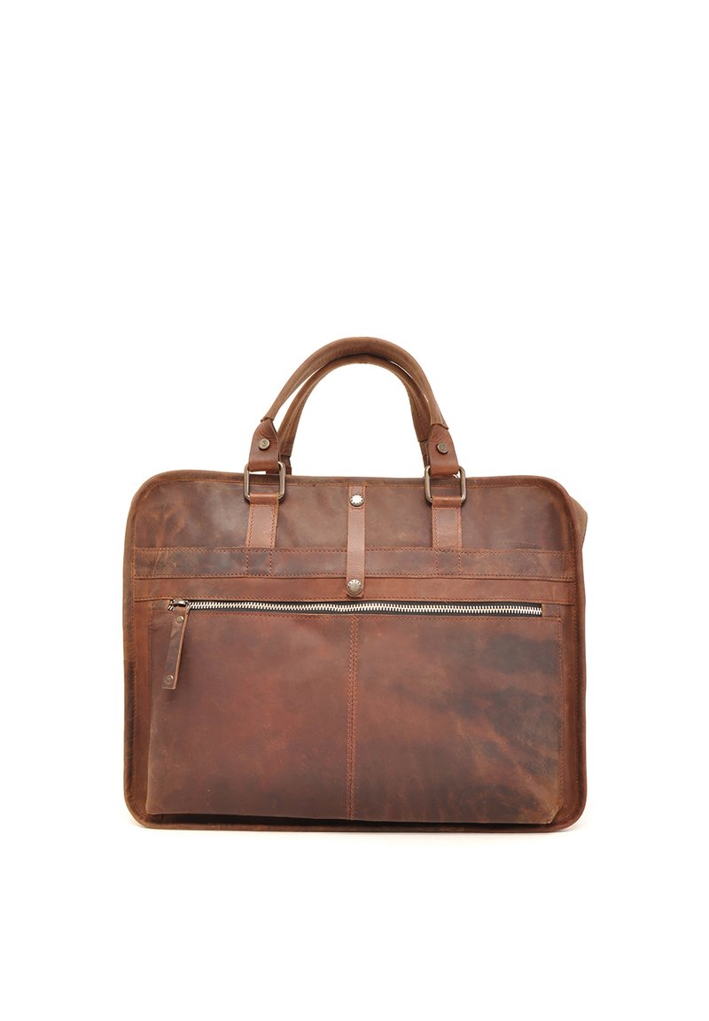 Bruine leren tas met dubbele handvatten, een ritsvak aan de voorkant en een gladde textuur. Bevat minimale stiksels en een eenvoudig ontwerp.