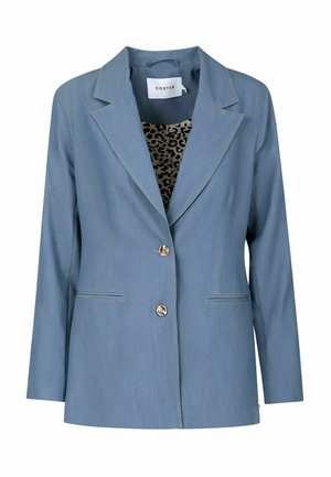 Modrý dobře padnoucí blejzr se dvěma knoflíky, klopy s výstřihem do zářezu, klínovými kapsami a leopardím vzorem na vnitřní podšívce viditelný u límce.