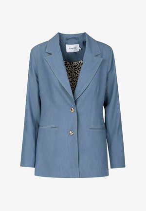 Blå skreddersydd blazer med to knapper, hakket slag, brystlommer og leopardmønstret innerfor som er synlig ved kragen.