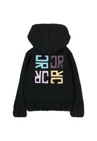 Hoodie noir avec un ourlet à volants, présentant des lettres en blocs multicolores au dos. Le matériau semble doux et légèrement texturé.