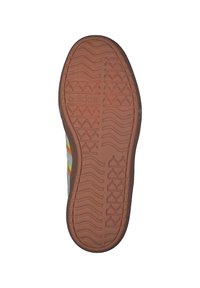 Bruine rubberen schoenzool met een gestructureerd grippatroon en ingesneden logo. De zijkanten zijn voorzien van multikleurige strepen in grijs, oranje en geel.