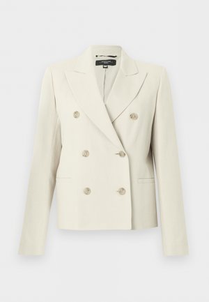 Kremiškai spalvos dvieilių sagų švarkas su šešiais mygtukais, notched apykaklėmis, ilgomis rankovėmis ir dviem priekinėmis kišenėmis.