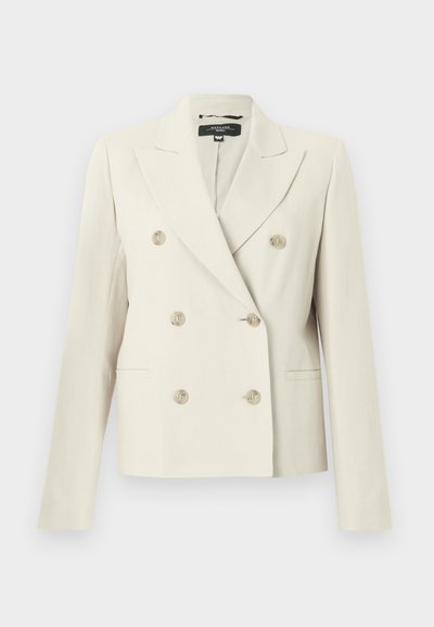 Μπεζ διπλόστροφο σακάκι με έξι κουμπιά, γιακάδες με χαραγή, μακριά μανίκια και δύο μπροστινές τσέπες με ρέλι.