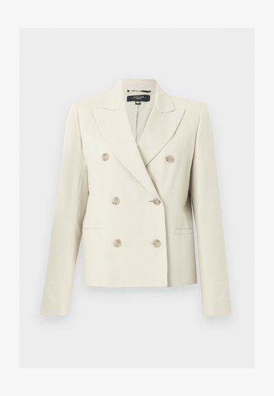 Μπεζ διπλόστροφο σακάκι με έξι κουμπιά, γιακάδες με χαραγή, μακριά μανίκια και δύο μπροστινές τσέπες με ρέλι.