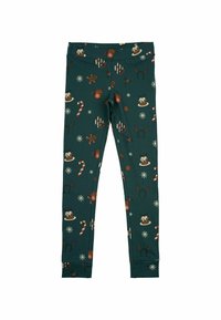 Grüne Leggings mit einem festlichen Muster, das Zuckerstangen, Lebkuchenmänner, Weihnachts-Puddings und Schneeflocken zeigt; elastischer Bund.