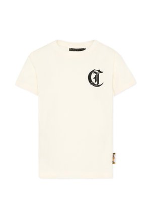 Wit T-shirt met korte mouwen en een zwarte gotische letter "C" op de linkerborst, met een klein tagje met patroon aan de rechter zijnnaad.