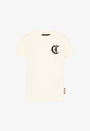 T-shirt blanc à manches courtes avec une lettre gothique noire "C" sur la poitrine gauche et une petite étiquette à motif sur la couture latérale droite.