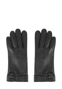 Par de guantes de cuero negro con tres botones en la muñeca, exhibidos planos con los dedos apuntando hacia arriba.