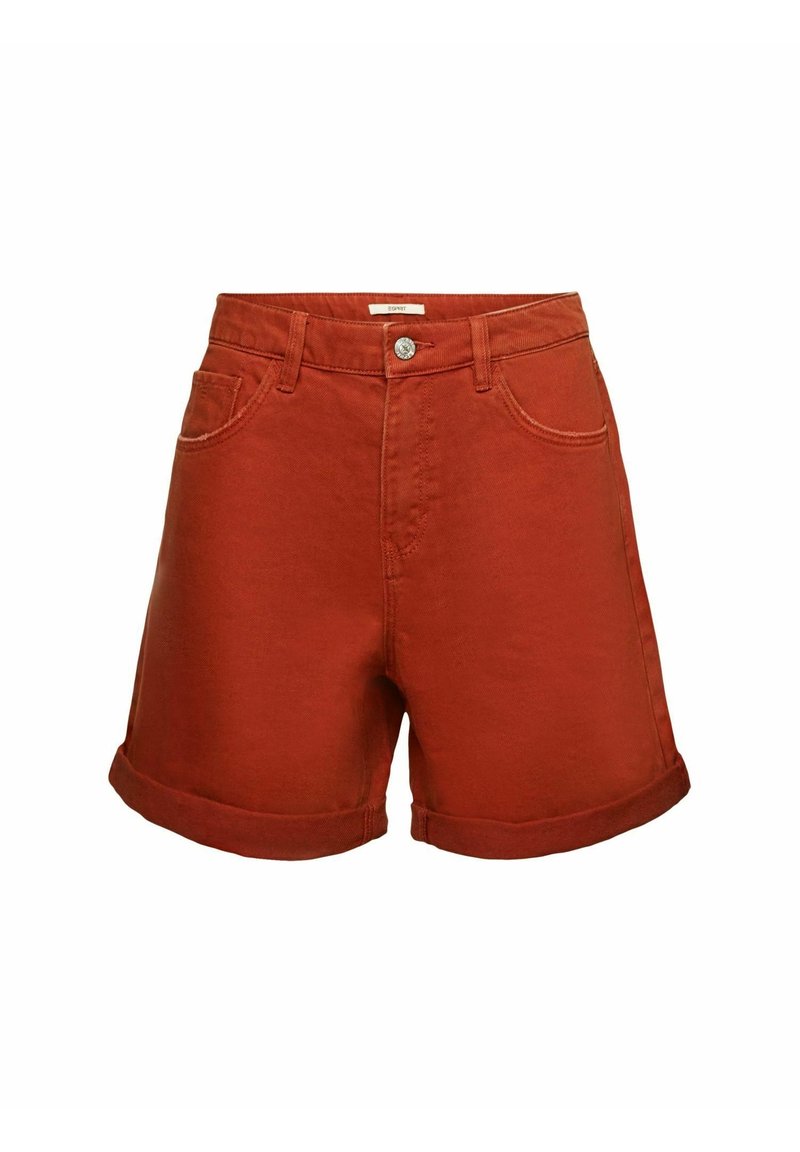 Shorts in denim rosso con orlo ripiegato, dotati di tasche frontali e chiusura con bottone. Realizzati in robusto tessuto di cotone.