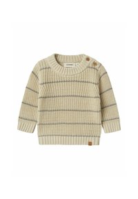 Maglione a maglia beige chiaro con righe orizzontali grigie, scollatura a girocollo, dettagli in legno sui bottoni alle spalle e polsini e orlo a coste.