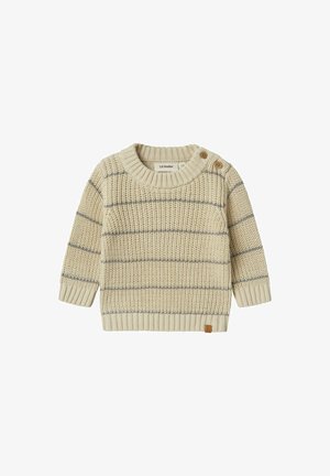 Maglione a maglia beige chiaro con righe orizzontali grigie, scollatura a girocollo, dettagli in legno sui bottoni alle spalle e polsini e orlo a coste.