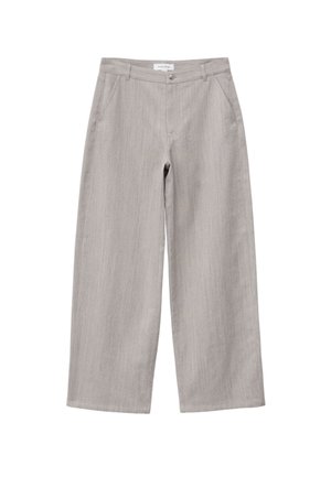 Light gray wide-leg trousers with front pockets, belt loops, and a button closure at the waistband.