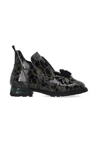 Czarno-zielone, wzorzyste botki do kostki z połyskiem, z dekoracyjnym akcentem w postaci kwiatu i masywnym obcasem.