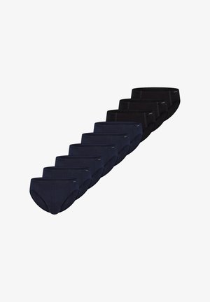 Ti par bomuldstrusser i mørkeblå og sort, med ensfarvet design og elastisk linning, arrangeret i en række.