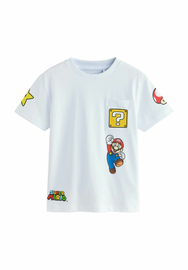 Balts kokvilnas T-krekls ar Super Mario grafiku, iekļaujot varoņa attēlu, jautājuma bloku, zvaigzni un sēni uz piedurknēm.