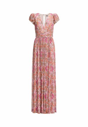 Maxikleid im floralen Muster mit rosa, orange und grünen Farbtönen. Verfügt über kurze, schwingende Ärmel und eine taillierte Taille mit plissiertem Rock.