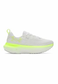 White athletic shoes with a breathable mesh upper, featuring a bright neon yellow sole and accents, and a textured design along the sides.