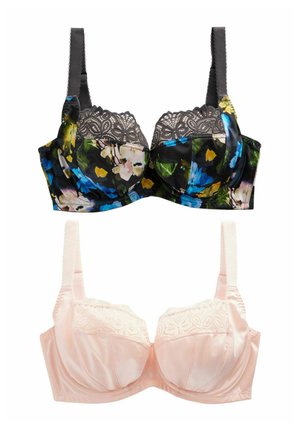 Due reggiseni: uno con una stampa floreale scura e pizzo nero, l'altro in satin rosa chiaro con dettagli in pizzo. Entrambi presentano spalline regolabili.