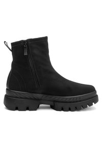 Sort ankelstøvle med lynlås på siden, tyk mønstret sål, trækstrop ved hælen og glat overmateriale.