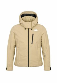 Beige Kapuzenjacke mit Frontreißverschluss, Brust- und Ärmeltaschen mit Reißverschluss, verstellbaren Bündchen und weißem Markenlogo auf der oberen linken Brust.