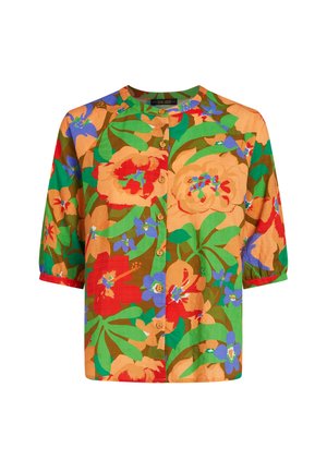 Kurzärmlige Bluse mit Knopfleiste und großem Blumen- und Blatts Muster in leuchtendem Orange, Rot, Grün, Blau und Braun.