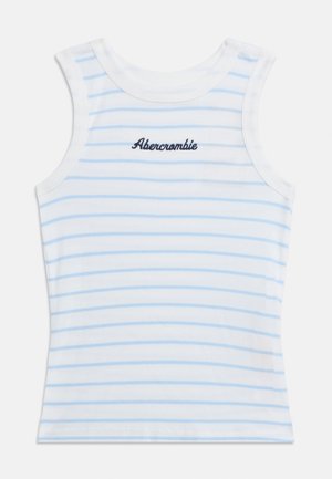 Bijela majica bez rukava s svijetloplavim vodoravnim prugama i natpisom "Abercrombie" u tamnoplavoj boji na prsima.