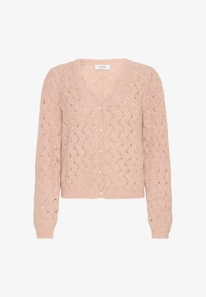 Cardigan lavorato a maglia rosa chiaro con motivo a zigzag, scollo a V e bottoni perlacei, con maniche lunghe e design corto.