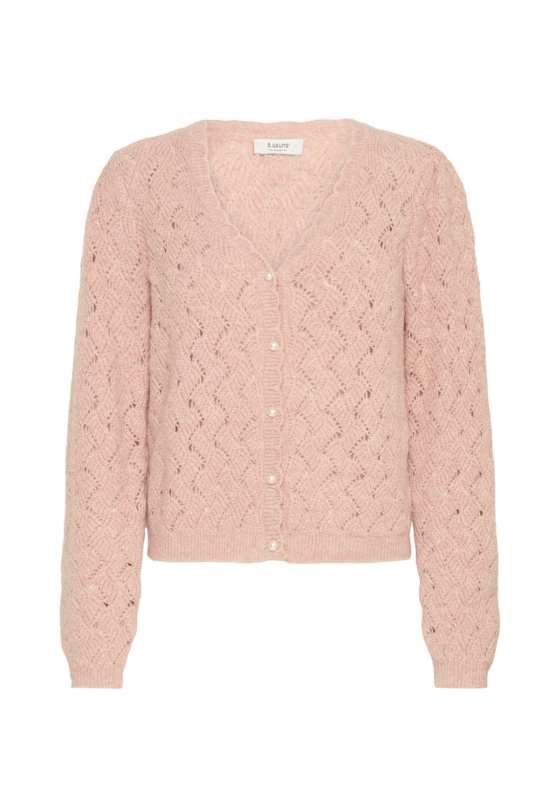 Cardigan lavorato a maglia rosa chiaro con motivo a zigzag, scollo a V e bottoni perlacei, con maniche lunghe e design corto.