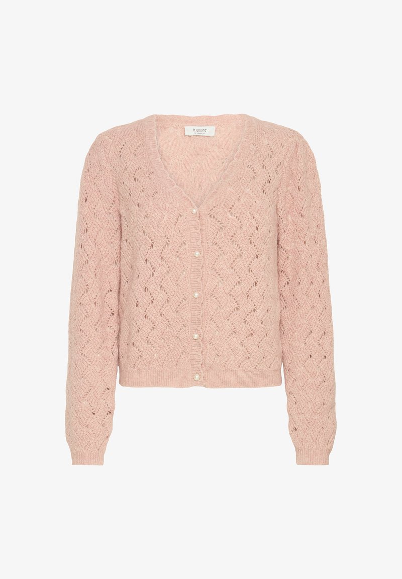 Cardigan lavorato a maglia rosa chiaro con motivo a zigzag, scollo a V e bottoni perlacei, con maniche lunghe e design corto.