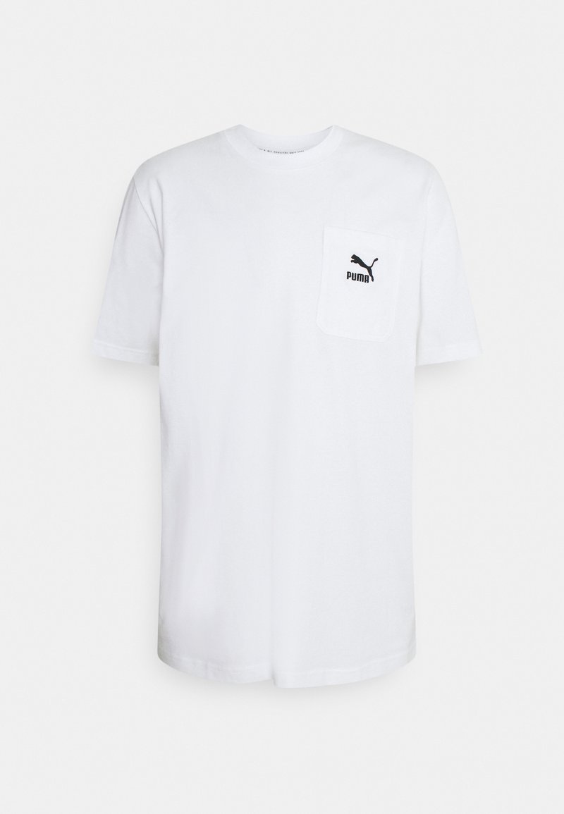 T-shirt blanc à manches courtes avec poche poitrine ornée du logo Puma noir sur fond clair uni.