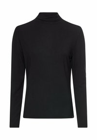 Schwarzes Langarmshirt mit hohem Kragen. Hergestellt aus glattem Material, mit schlanker Passform und minimalistischem Design. Vertikale Nähte an den Seiten.