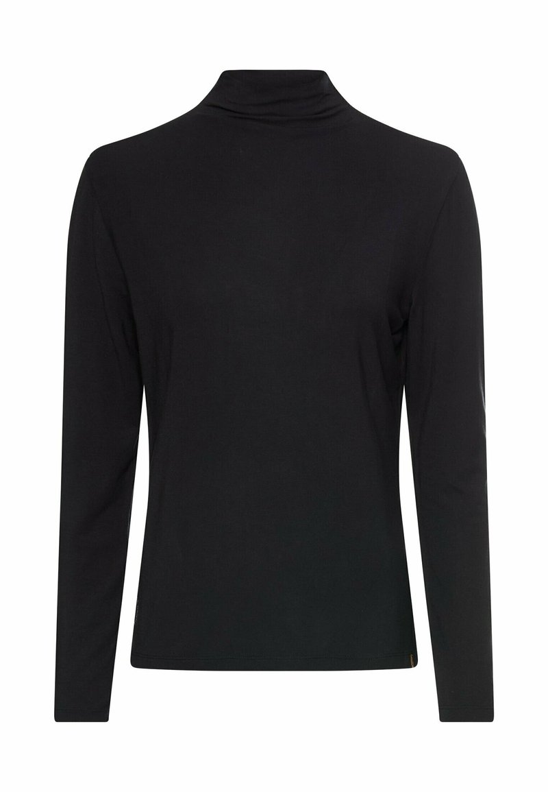 Schwarzes Langarmshirt mit hohem Kragen. Hergestellt aus glattem Material, mit schlanker Passform und minimalistischem Design. Vertikale Nähte an den Seiten.