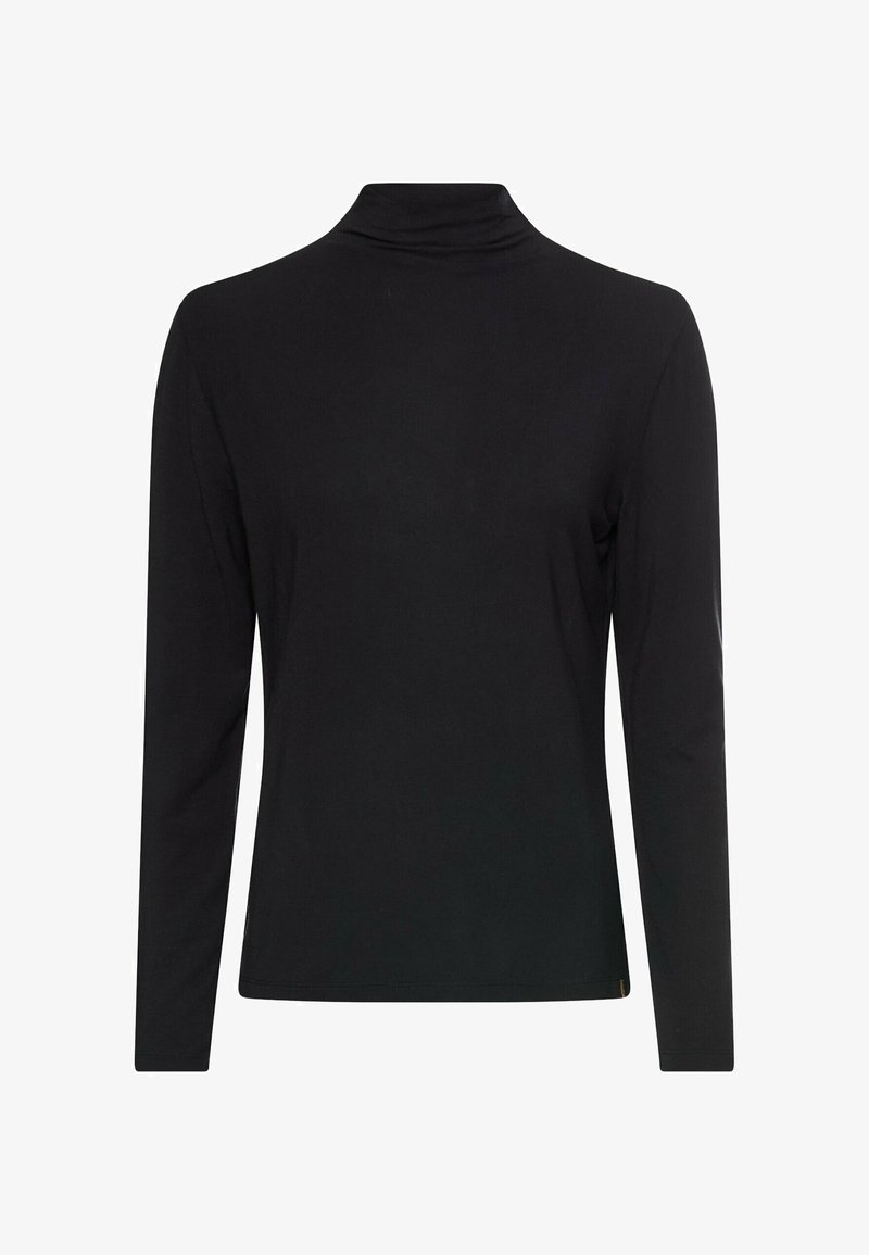 Schwarzes Langarmshirt mit hohem Kragen. Hergestellt aus glattem Material, mit schlanker Passform und minimalistischem Design. Vertikale Nähte an den Seiten.