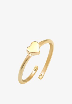 Goldplattierter verstellbarer Ring mit einem kleinen Herzdesign oben. Mit eingeprägten Markierungen "925" im inneren Band. Glatte Textur.