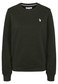 Tmavě zelená mikina z bavlněné směsi, s kulatým výstřihem, žebrovanými manžetami a lemem, s malým bílým logem na hrudi.