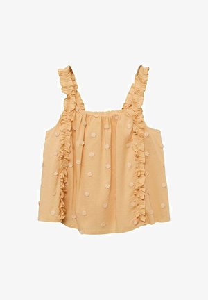 Helles Pfirsich-Tanktop mit gerafften Trägern, gestickten Blumendetails und lockerer Passform. Verfügt über vertikale Rüschen an den Seiten.