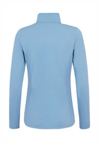 Camicia a maniche lunghe in tessuto azzurro chiaro con colletto alla coreana, caratterizzata da una texture liscia e una silhouette aderente senza hardware visibile.