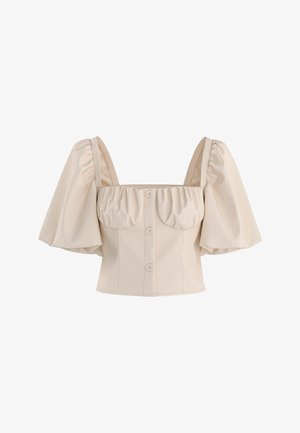 Beige kort bluse med puffede korte ærmer, firkantet halsudskæring, knaplukning foran og samlet brystdetalje.