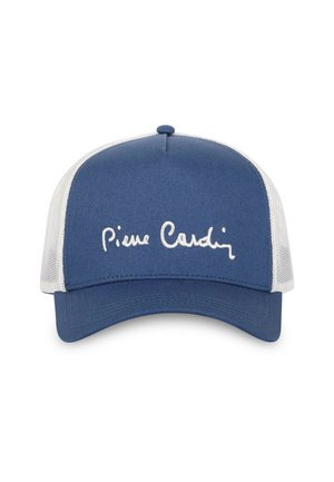 Casquette de baseball en mesh bleu et blanc avec une visière incurvée et un texte brodé blanc "Pierre Cardin" sur le panneau avant.