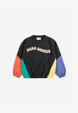 Sudadera negra con el texto "BOBO CHOSES"; presenta mangas multicolores en naranja, verde, amarillo y morado; ribete elástico en el dobladillo y los puños.