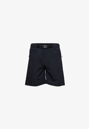 Sorte shorts med tekstureret finish, featuring elastisk taljebånd, justerbart bælte og sidelommer med lynlås.