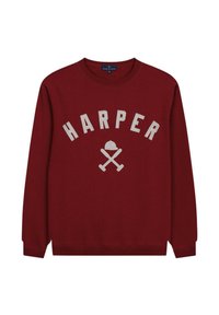 Sudadera burdeos de algodón, que presenta "HARPER" en texto blanco sobre un diseño de murciélagos cruzados y un sombrero. Cuello redondo y mangas largas.