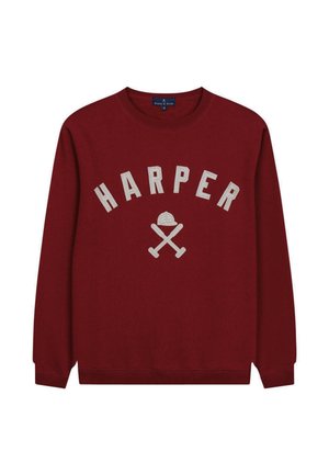Sudadera burdeos de algodón, que presenta "HARPER" en texto blanco sobre un diseño de murciélagos cruzados y un sombrero. Cuello redondo y mangas largas.