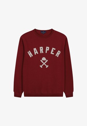 Sudadera burdeos de algodón, que presenta "HARPER" en texto blanco sobre un diseño de murciélagos cruzados y un sombrero. Cuello redondo y mangas largas.