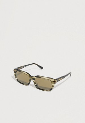 Rectangular sunglasses with olive green and black tortoiseshell frame, brown lenses, and gold hardware accents on the temples.